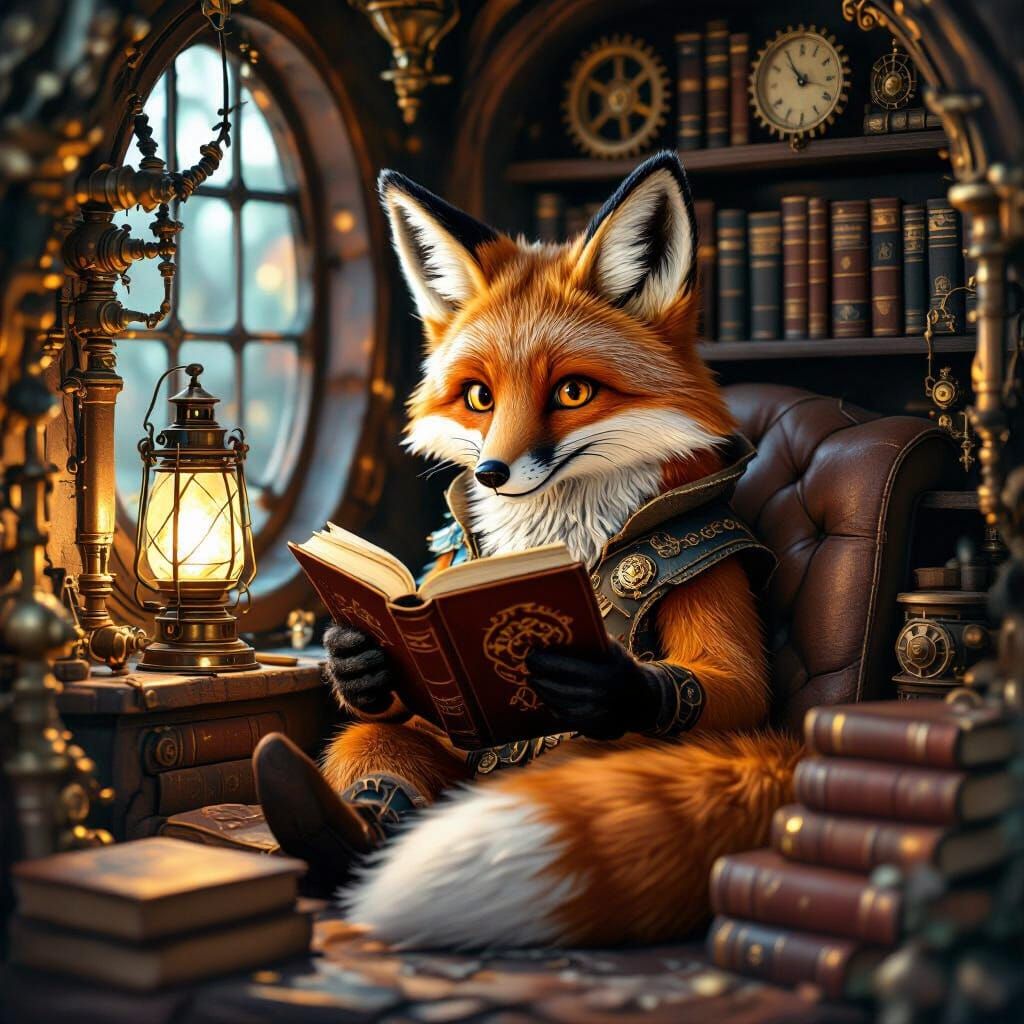 Steampunk Fox Reading in Cozy Nook