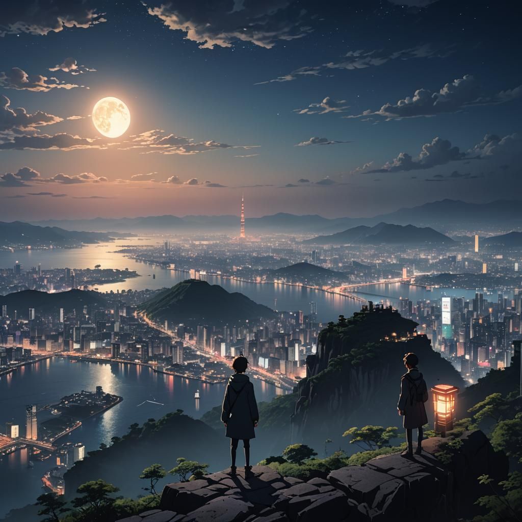 Moonlit Anime Cityscape Key Visual at Night