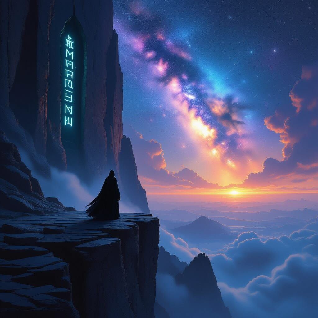 Cosmic Cliff Overlook: Figure Gazes at Nebula