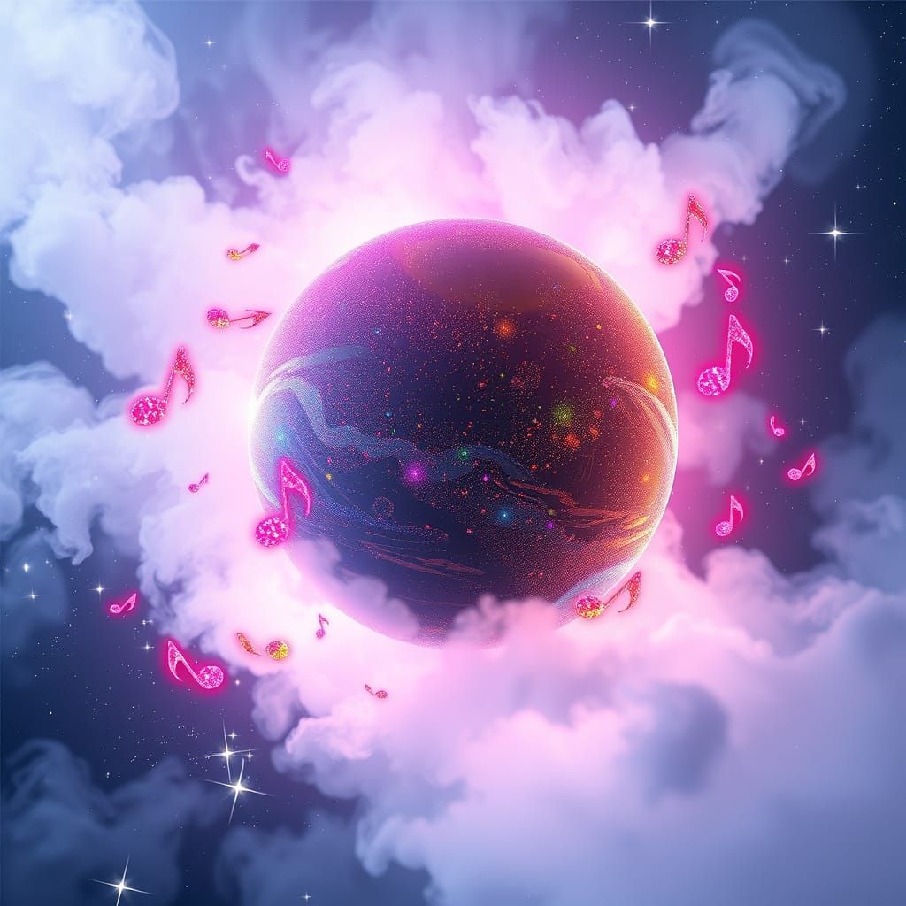Surreal Cosmic Planet with Glittering Music Notes