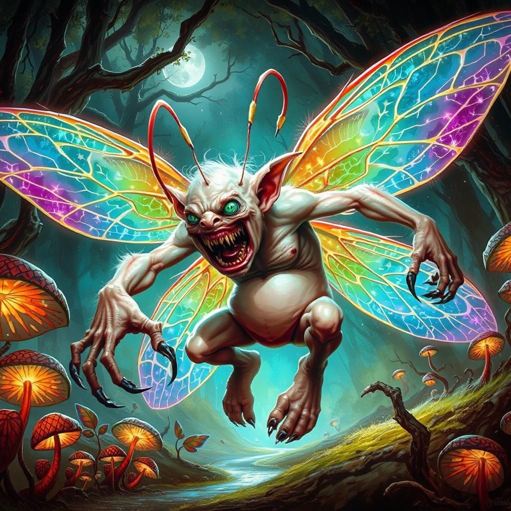 Terrifying Fairy Sprite in Enchanted Forest as Graphic Illus...