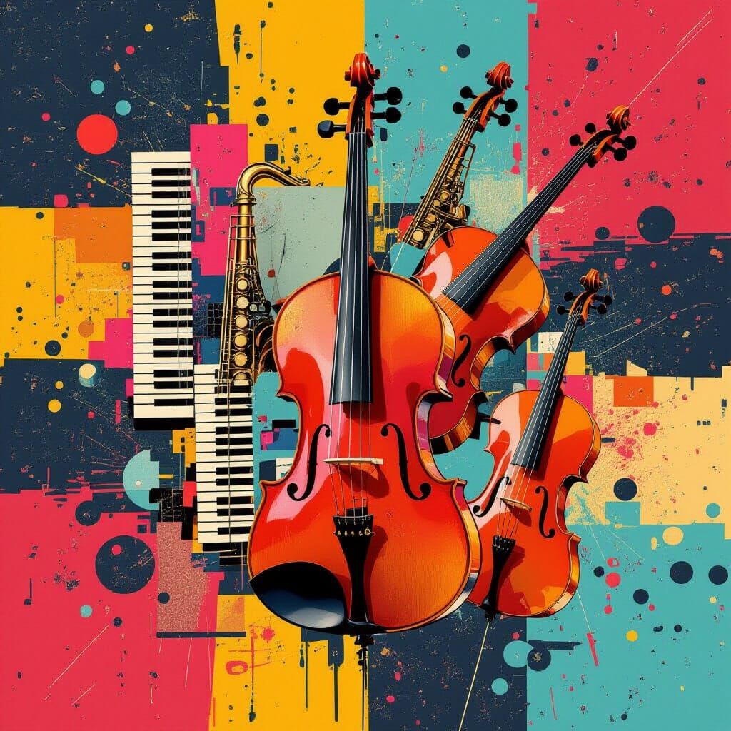 Vibrant Abstract Collage of Musical Instruments with Glitch ...
