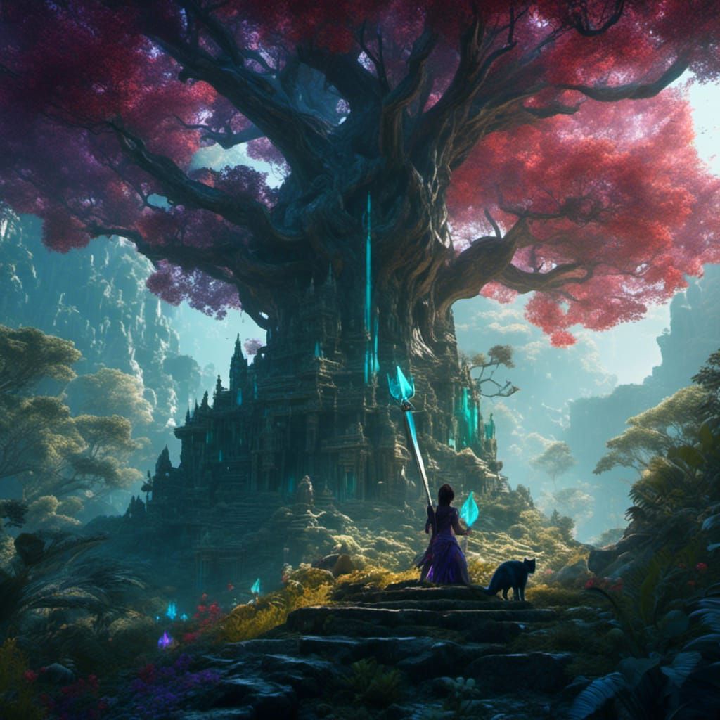 Girl with Cat and Colorful Sword in Forest