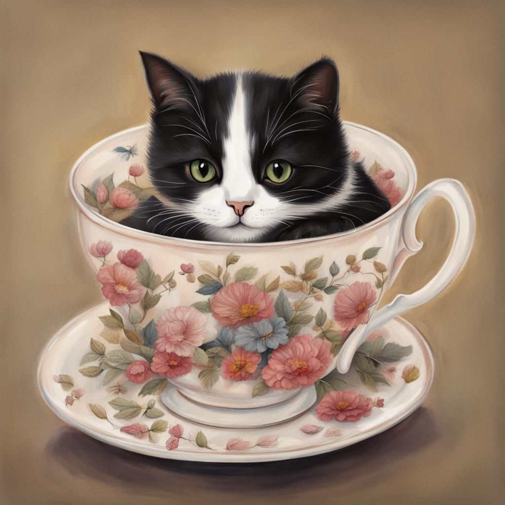 Cat Comfortably Curled in Tea Cup