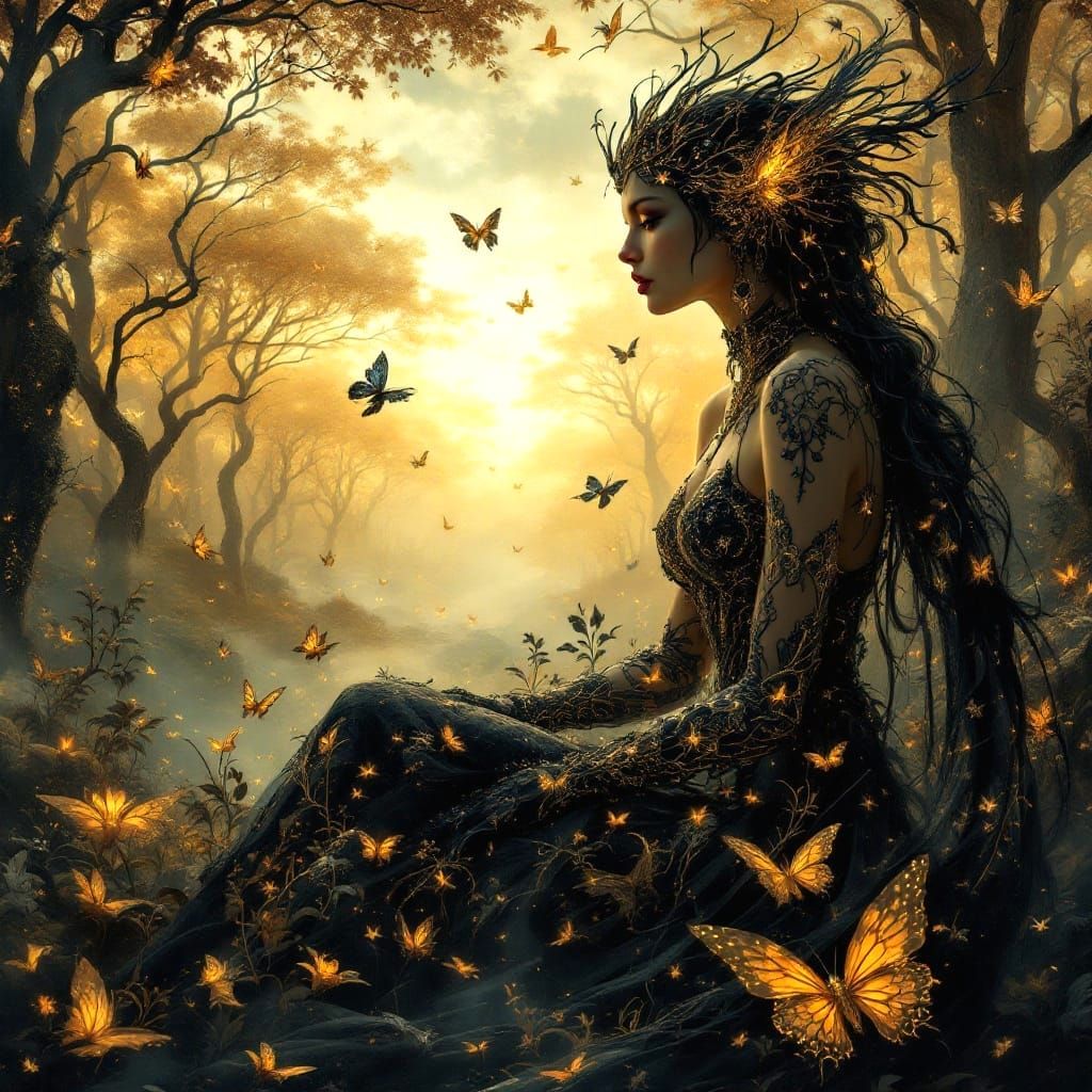 Elegant Gothic Faery Queen in a Whimsical, Surreal Garden