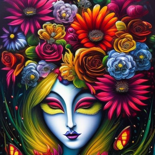 Colorful Floral Mixed Media Painting in Expressionist Style