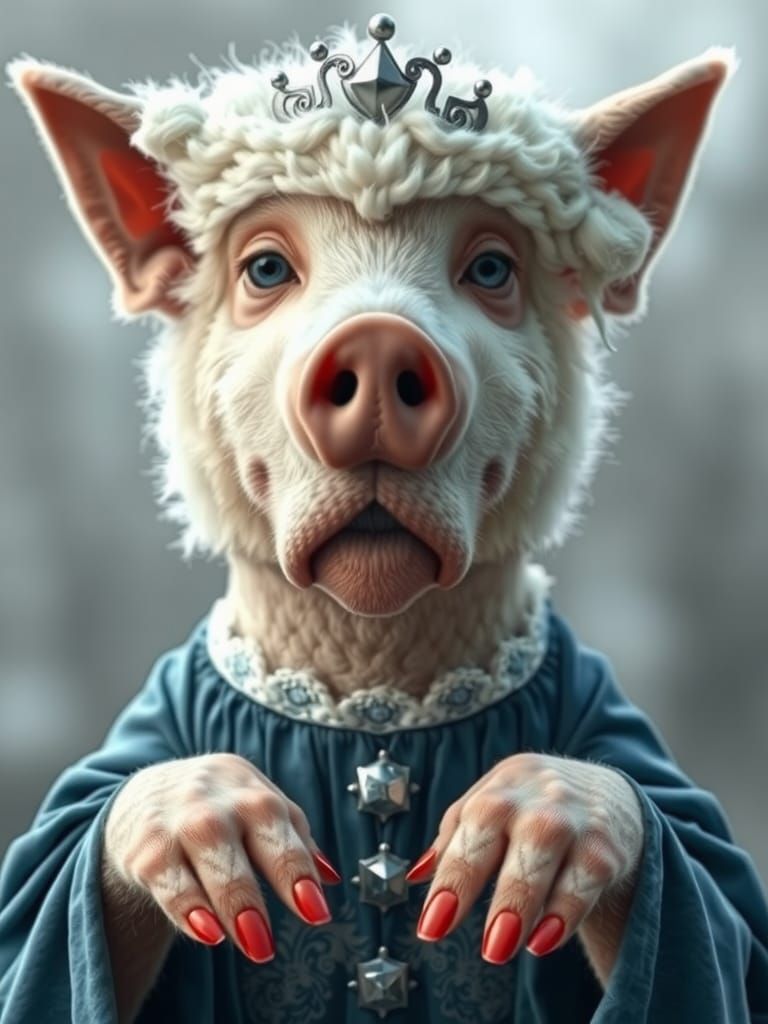 Hyperrealistic Anthropomorphic Pig-Dog Queen in Blue
