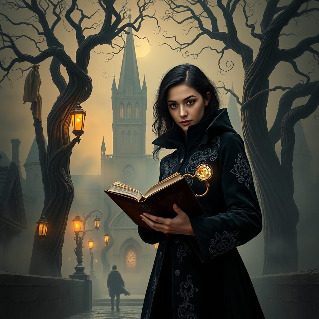 Gothic Sleuth in Mystical Cityscape