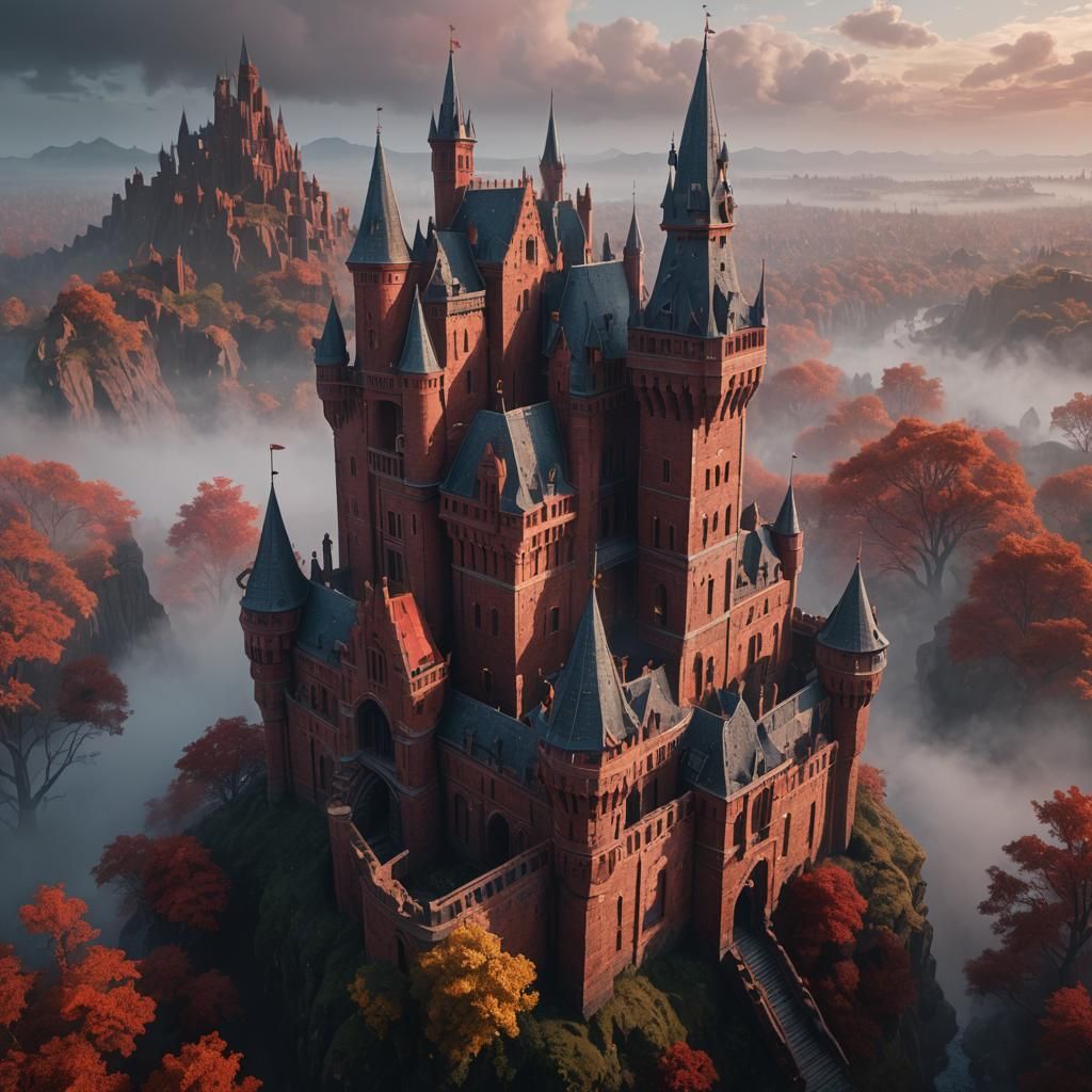 Brown Brick Castle with Red Fog, Digital Art