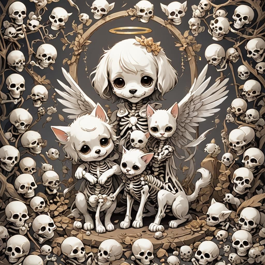 Adorable Angel Puppy and Kitten Skeletons in Anime Style