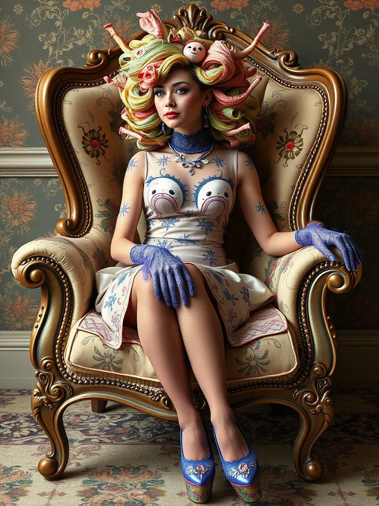 Surreal Woman with Paper Hair in Rainbow Whimsy