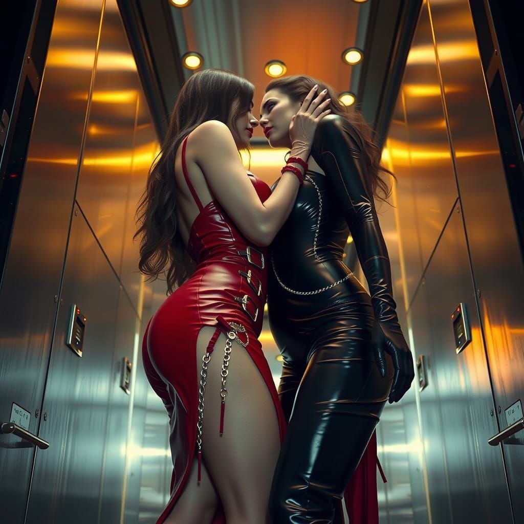Romantic Women in Modern Elevator, Low-Angle Shot