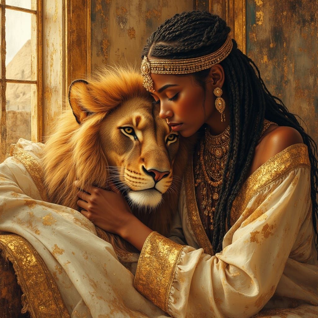 Egyptian Princess with Lion Friend: Divine Oil Painting