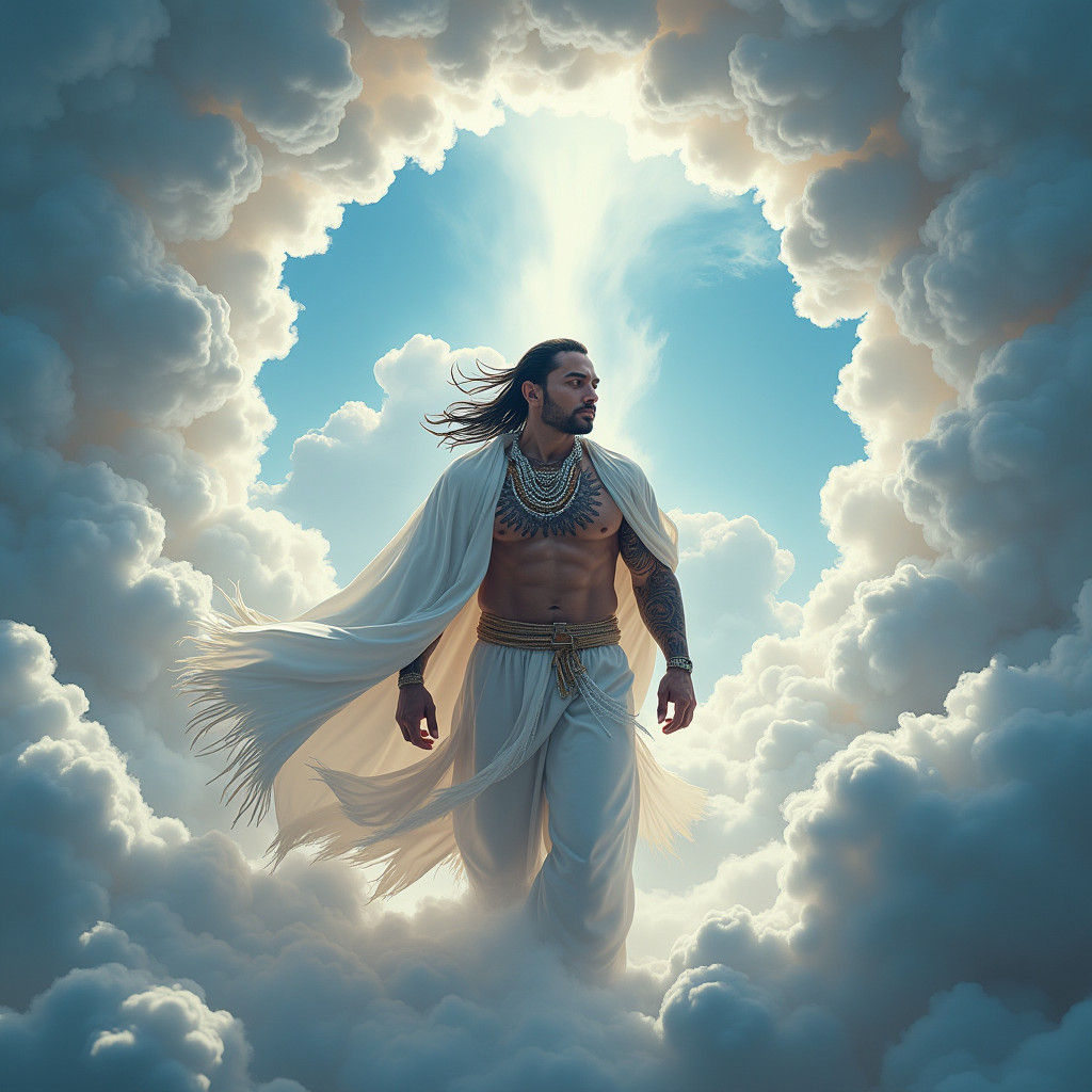 Maori Warrior Emerges from Celestial Clouds