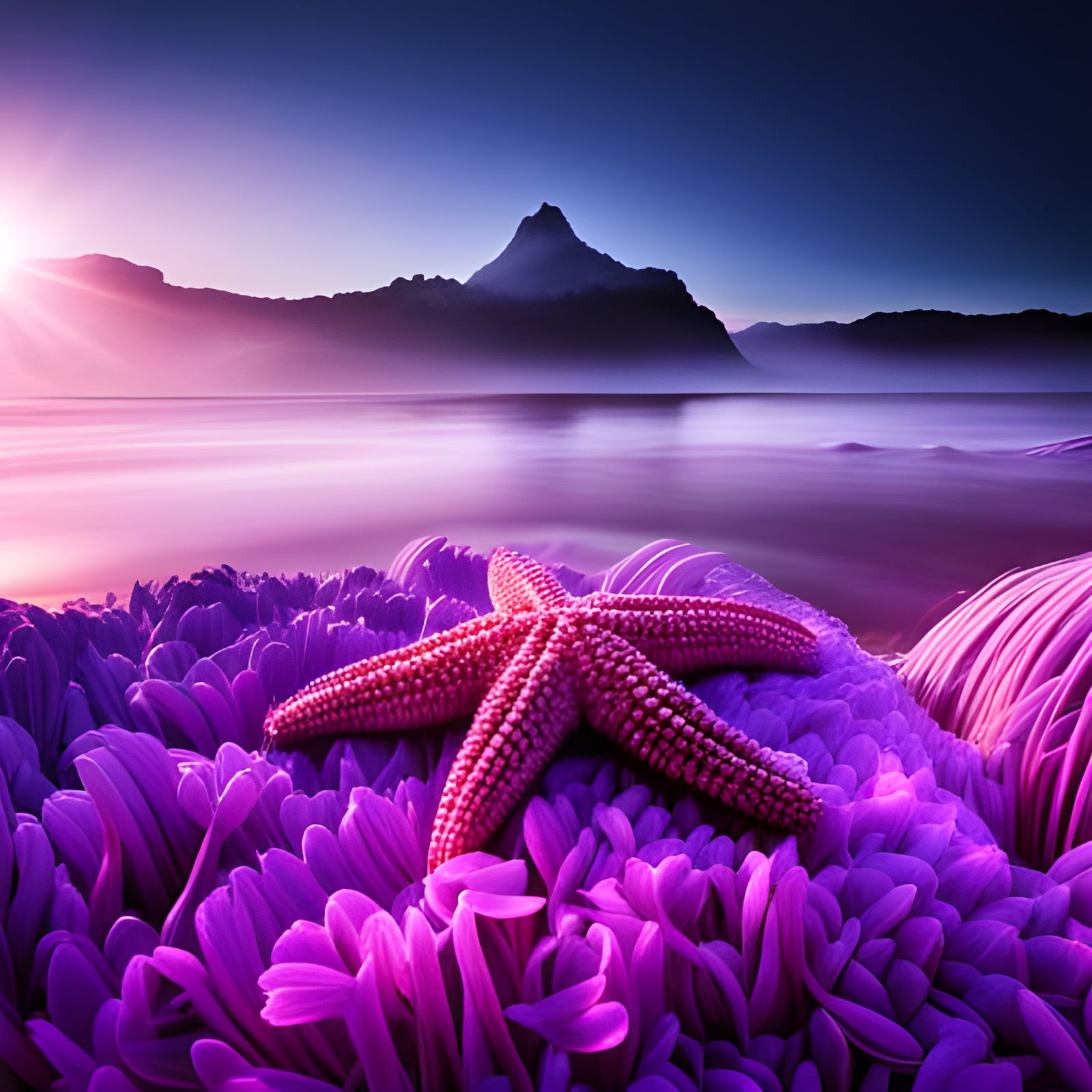 Bioluminescent Starfish and Amethyst Crystals in Pink and Pu...