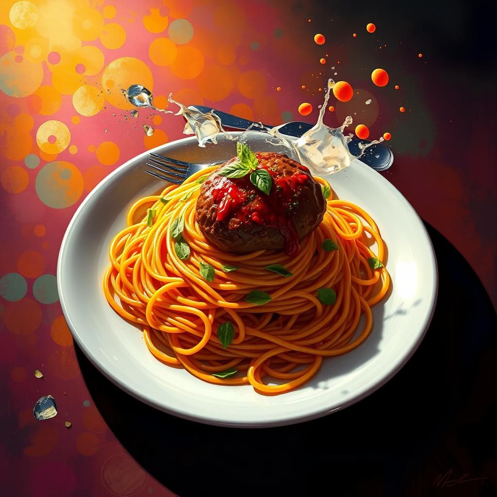 Hyperrealistic Spaghetti with Meatball Splash Art