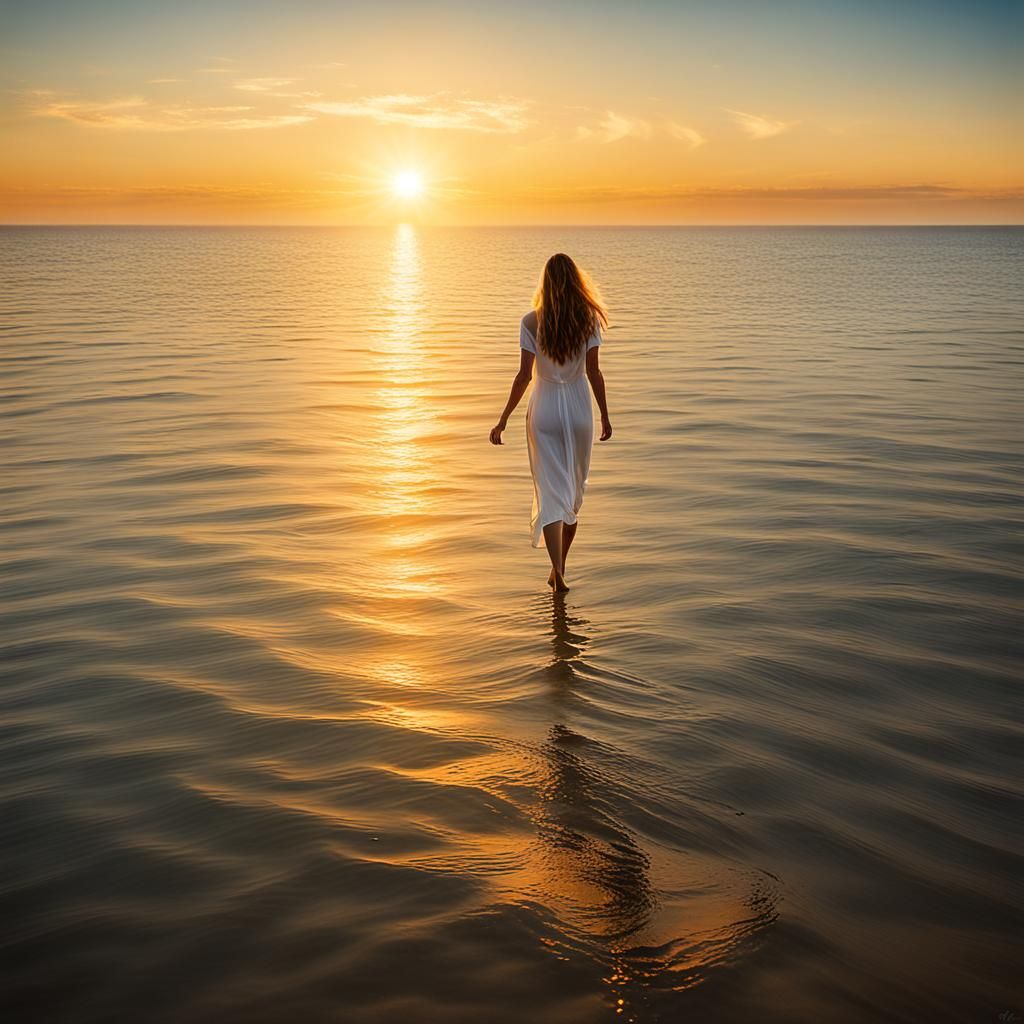 Woman Walking on Water Towards Golden Sun