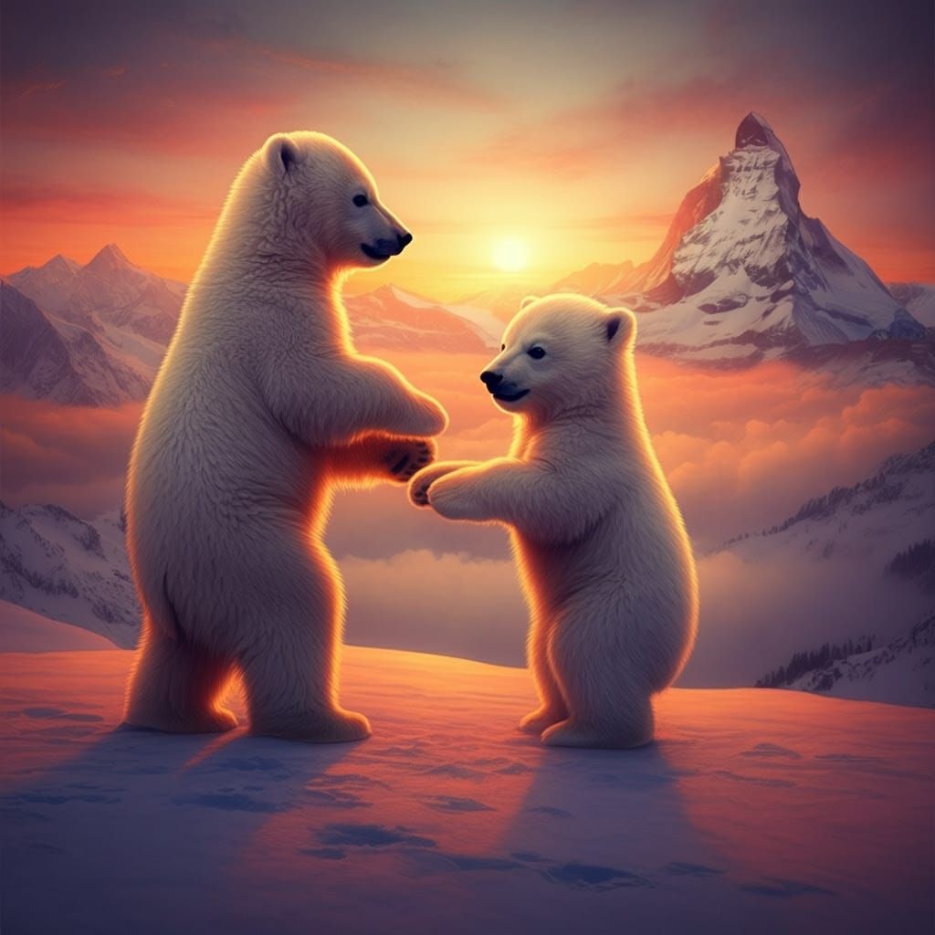 Hyper-Realistic Polar Bear Cubs Dance in the Swiss Alps Suns...