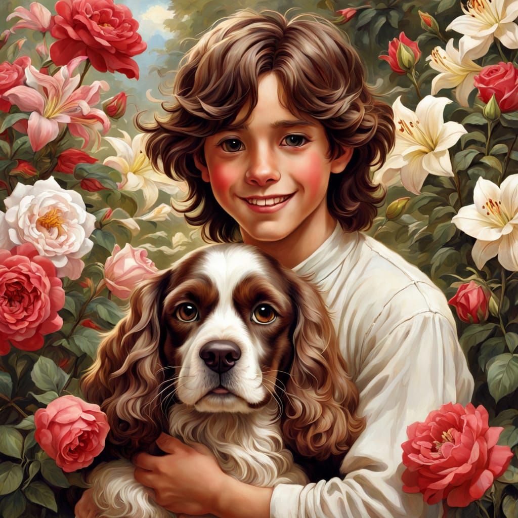 Boys and Their Faithful Companions in Vibrant Sunny Garden