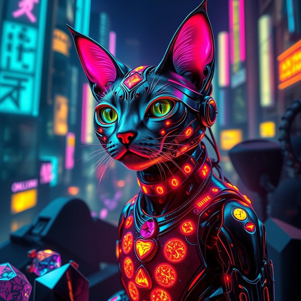Psychedelic Catbot Queen in Cyberpunk Neon Cityscape