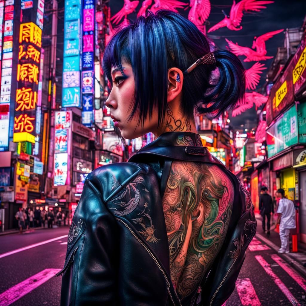 Cyberpunk Girl with Tattoos in Neon Tokyo