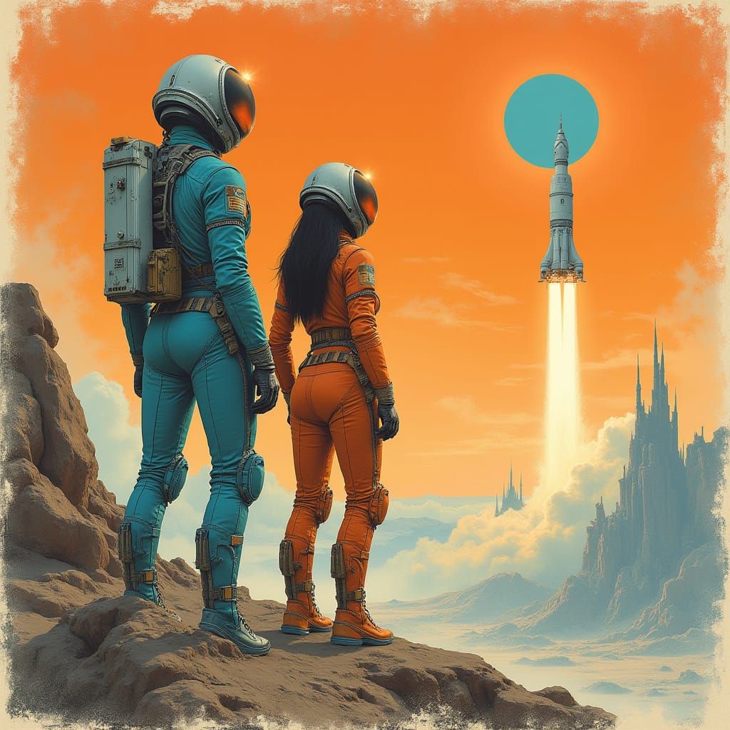 Retro-Futuristic Astronauts Witness Rocket Launch