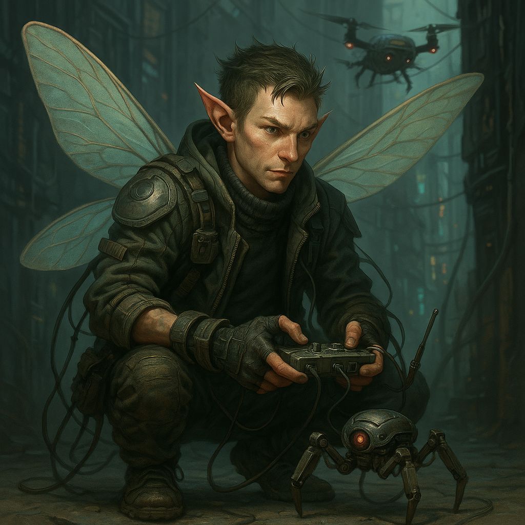Shadowrun Male Pixie Rigger in Cyberpunk Style