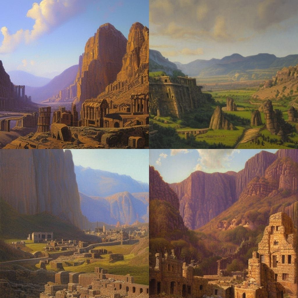 Crumbling Stone City Valley Oil Painting