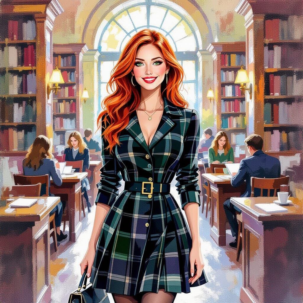 Woman in Plaid Dress in Library, Watercolor & Oil Painting S...