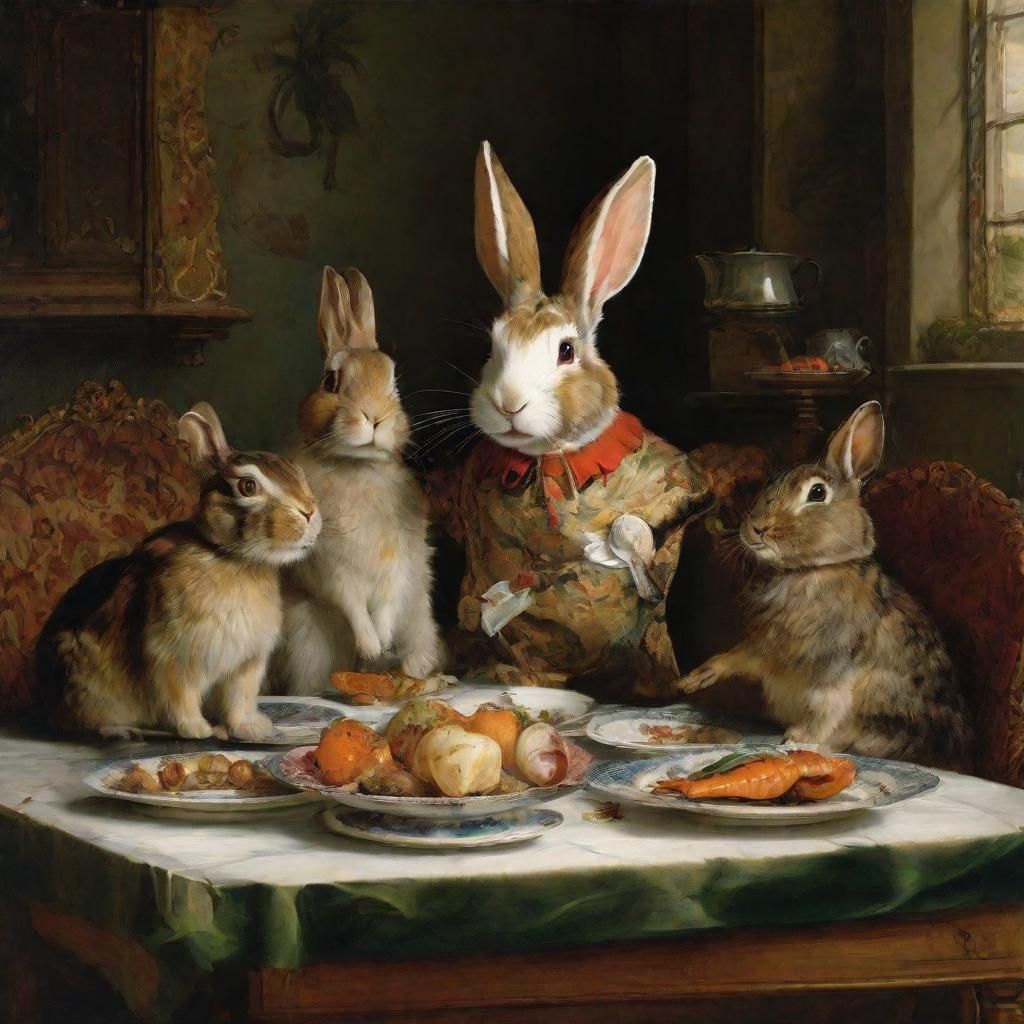 Rabbit Contemplates Tea in Animated Painting Style