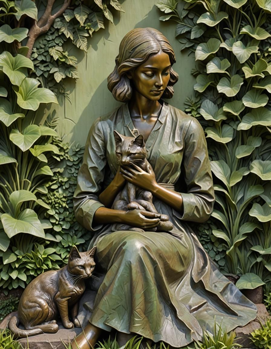 Serene Girl with Cat: Low-Relief Sculpture