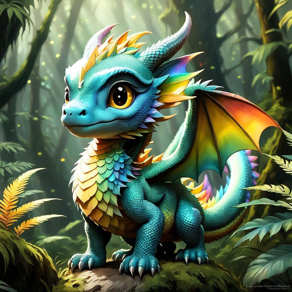 Cute Chibi Dragon with Rainbow Wings in Pastel Jungle