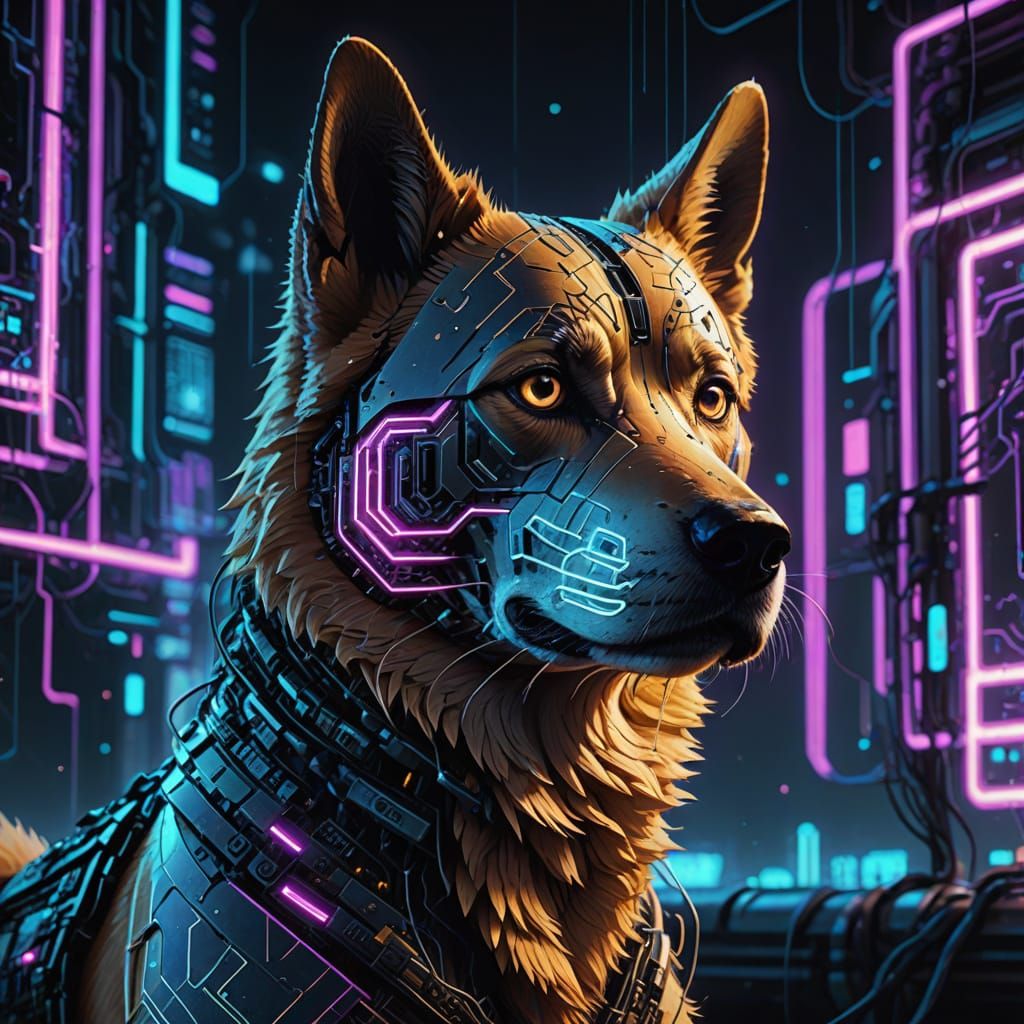 Doge Made of Code in Cyberpunk Digital Landscape