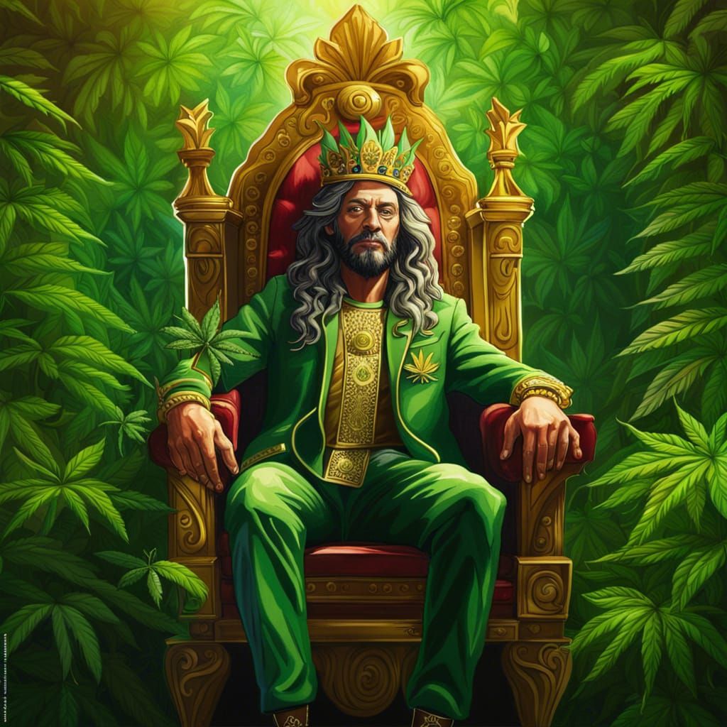 Regal Cannabis King on a Green Throne