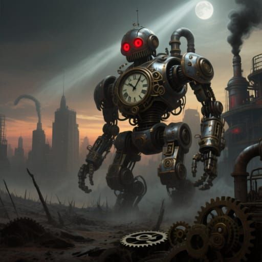 Steampunk Robot Guards Macabre Cityscape at Dusk