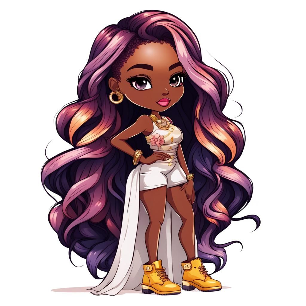 Chibi African American Woman with Colorful Hair