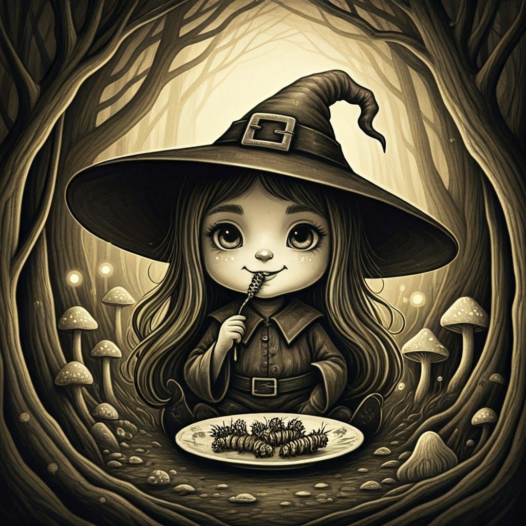 Chibi Witch Eats Caterpillars: Eldritch Charcoal Drawing