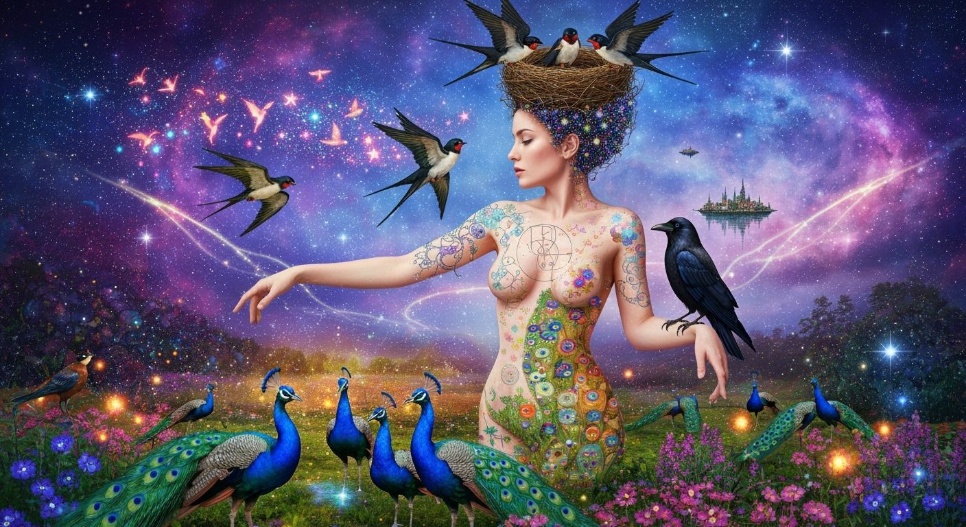 Ethereal Woman Transforms into Birds Amidst Cosmic Garden