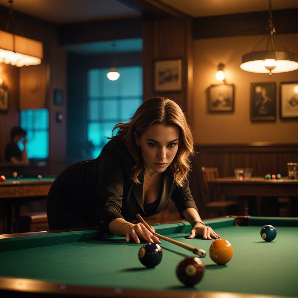 Woman Leans Over Pool Table in Moody, Cinematic Setting