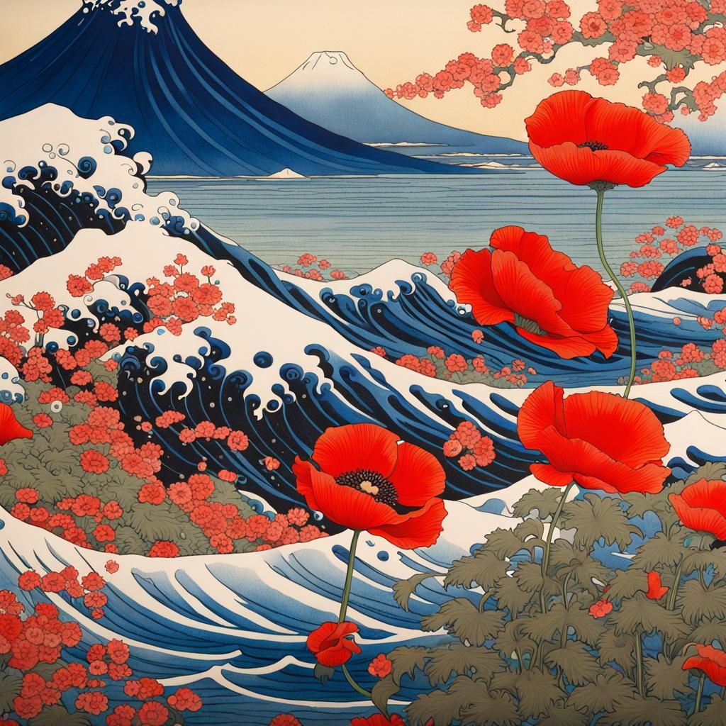 Vibrant Red Poppy in Ukiyo-e Style