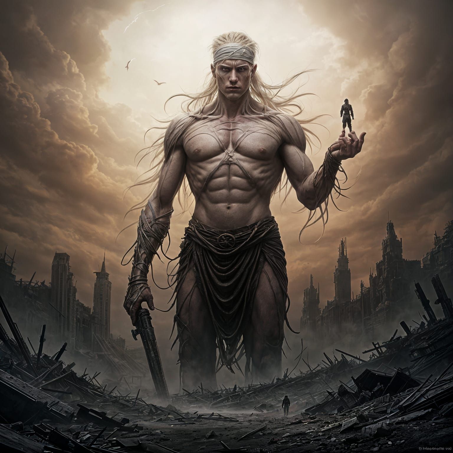 A Pale Giant Towers Over a War-Torn Wasteland in a Grim Fant...