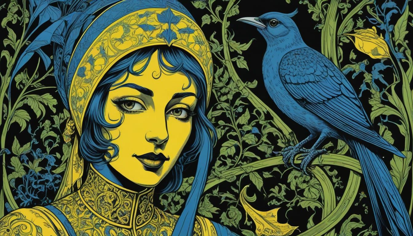 Ethereal Jester Confronts Whimsical Bird in Op-Art Horror Sc...