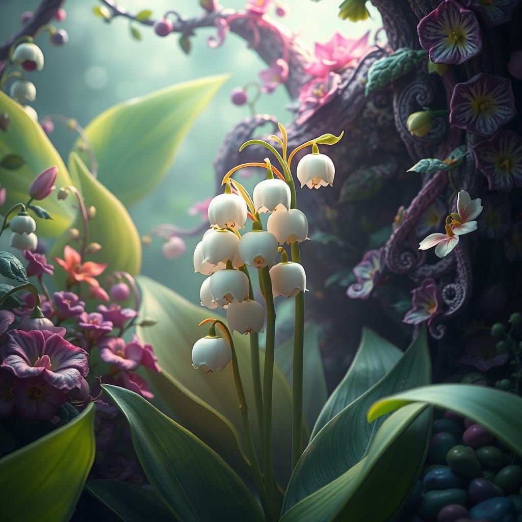 Enchanted Lily of the Valley in Whimsical Fantasy Landscapes