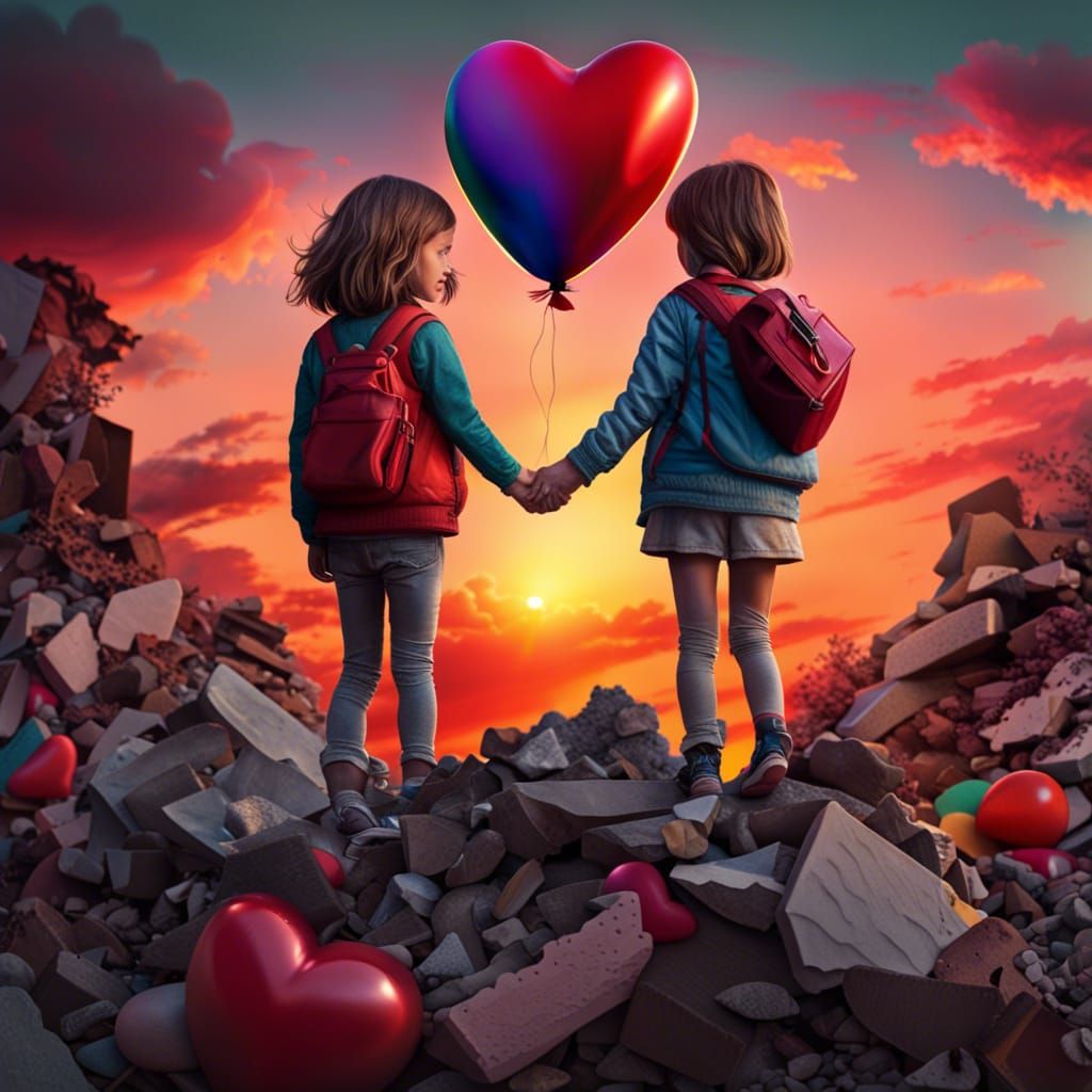 Children Holding Hands in Sunset Rubble
