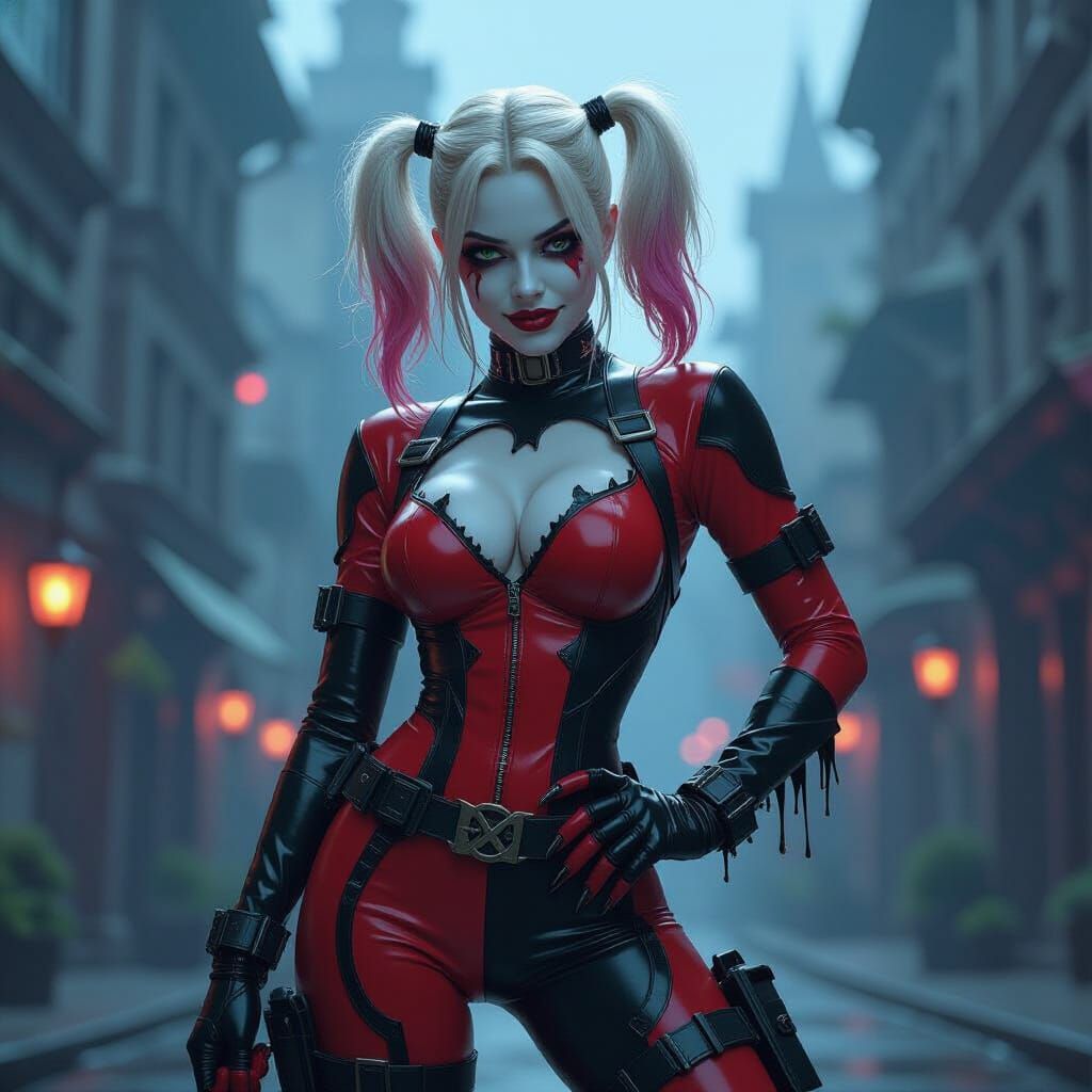 Harley Quinn and Venom Symbiote Fusion in Gothic Metropolis