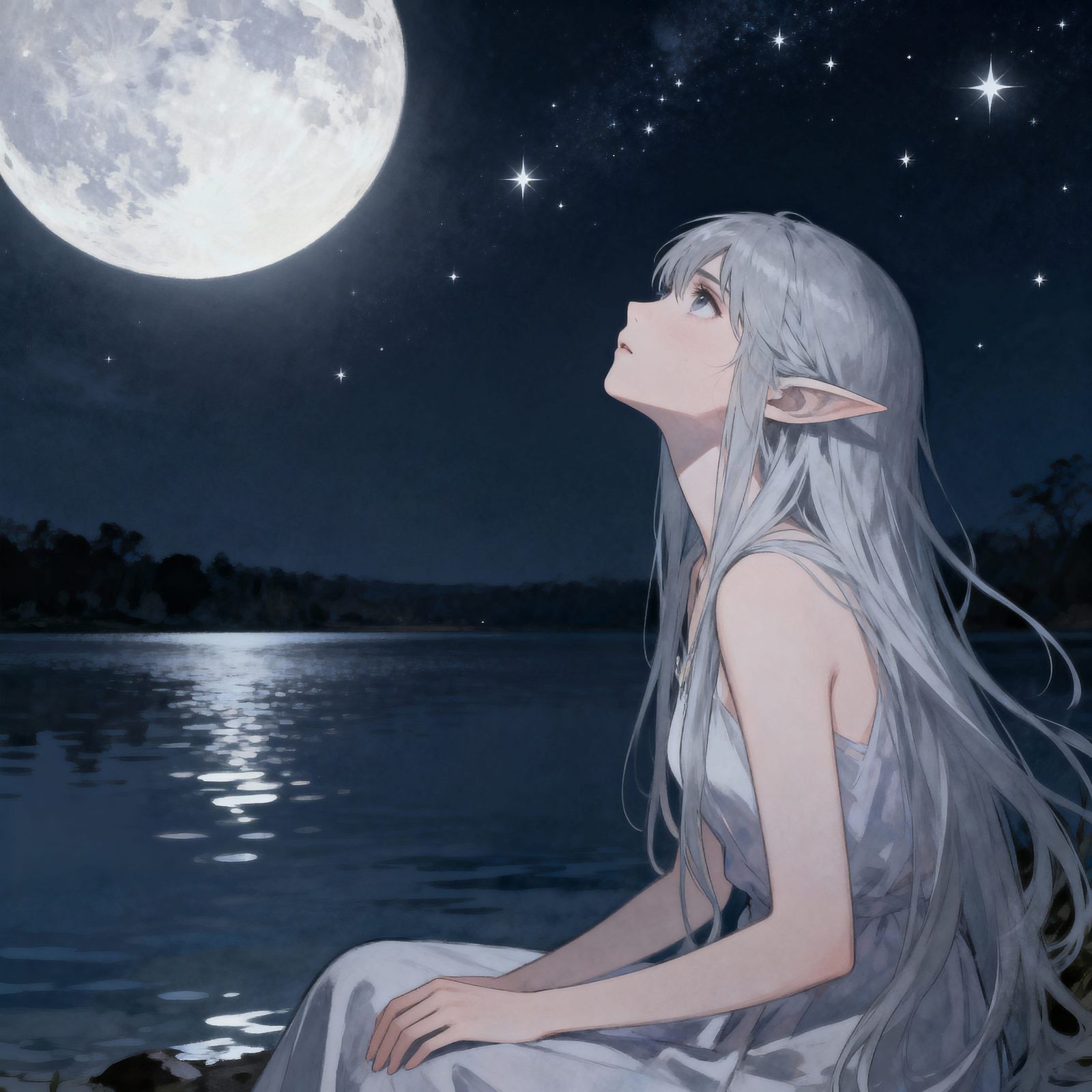 Elf Woman Contemplates Stars by Moonlit Lake