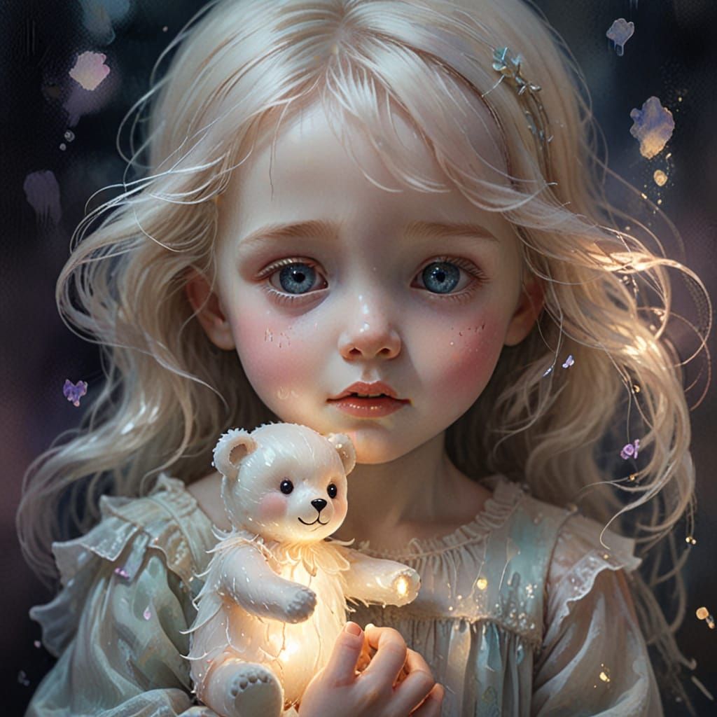 Ethereal Portrait of a Translucent Child Ghost Holding a Ted...