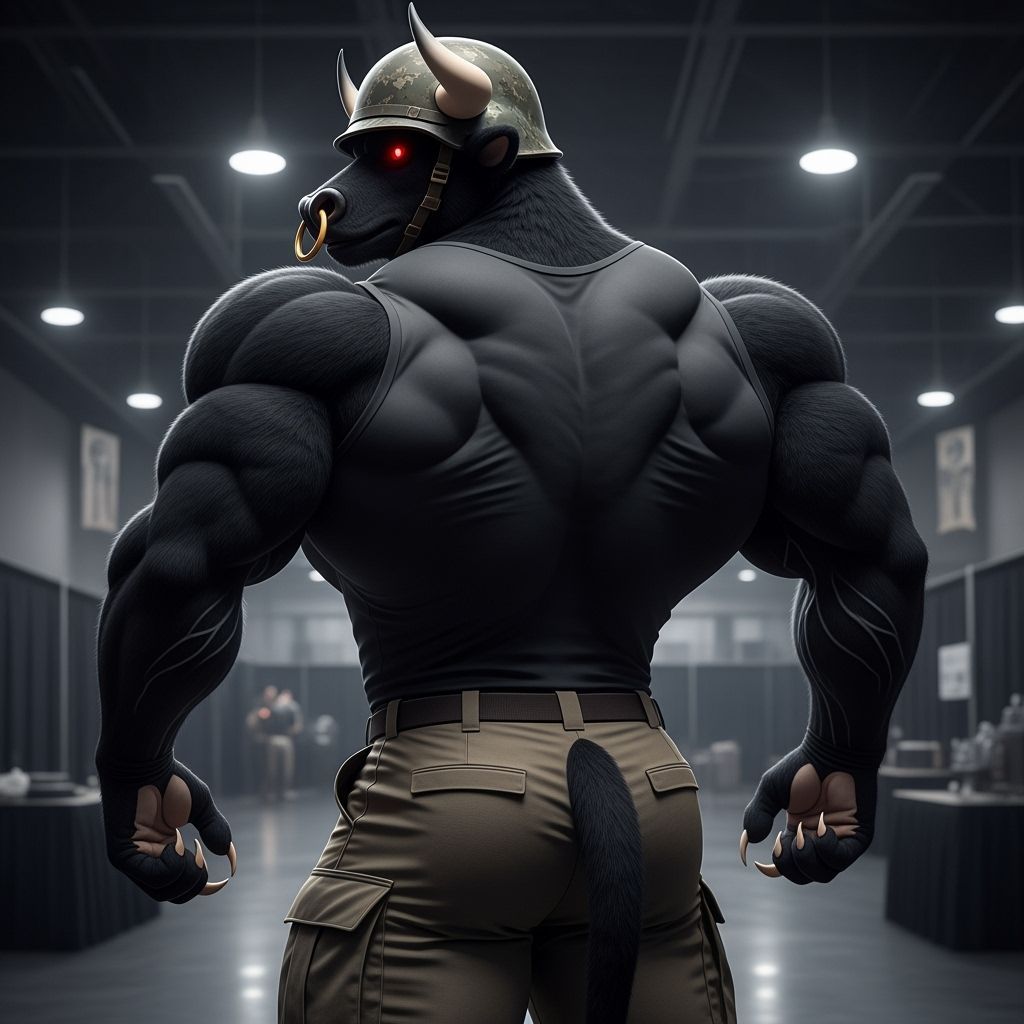 Muscular Bull Fursuit Bodybuilder in Army Uniform