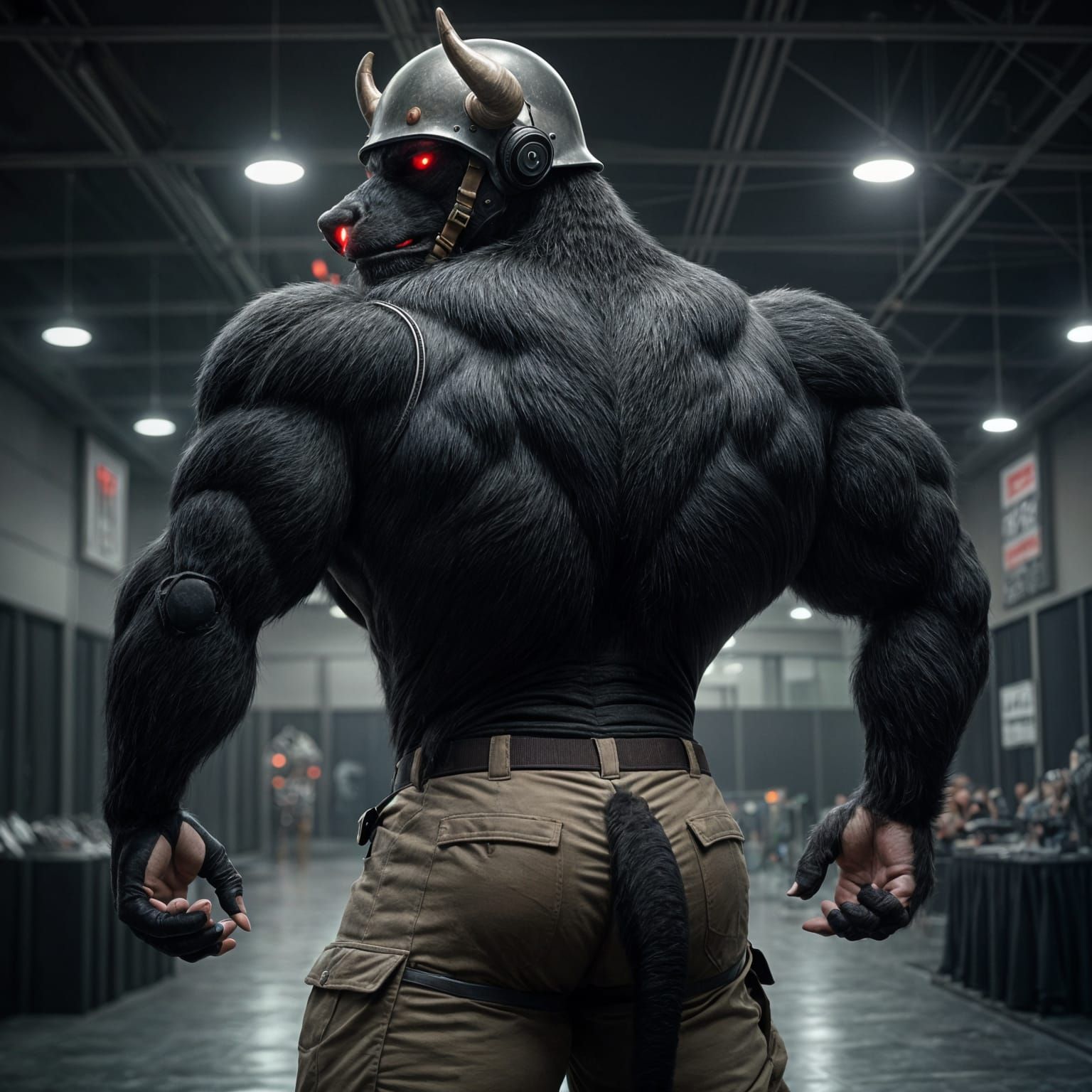 Muscular Bull Fursuit Bodybuilder in Army Uniform