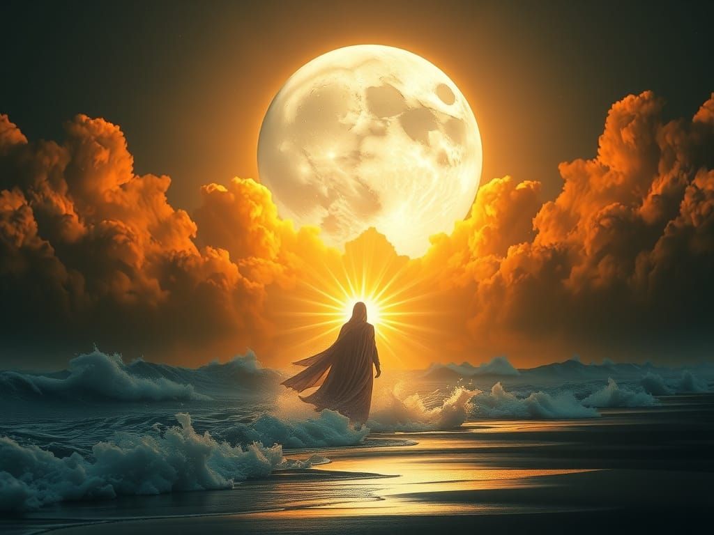 Mystical Cyberpunk Figure Amidst Stormy Ocean